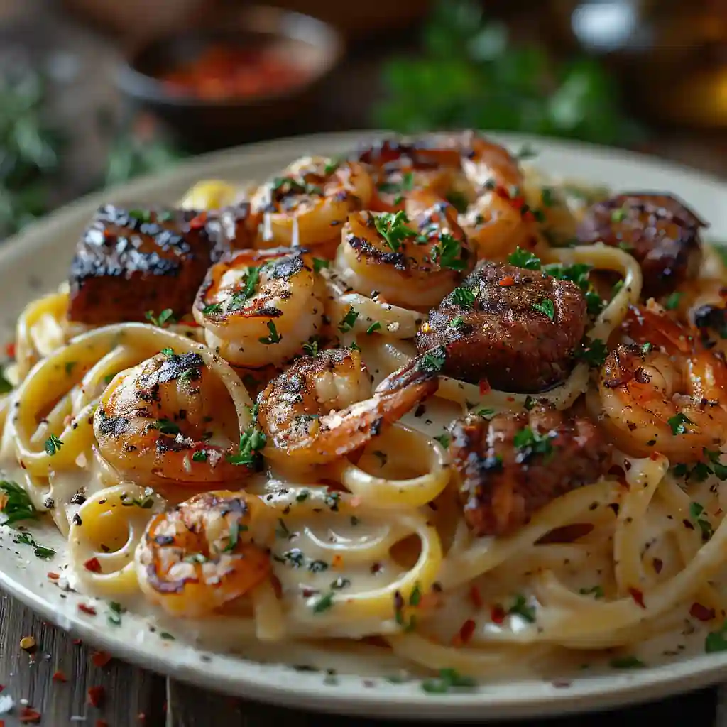 Cajun steak and shrimp pasta in creamy sauce