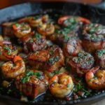 Cajun steak and shrimp surf and turf on cast-iron skillet