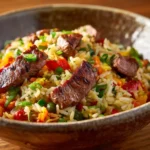 Cajun seasoned steak fried rice served in a rustic bowl