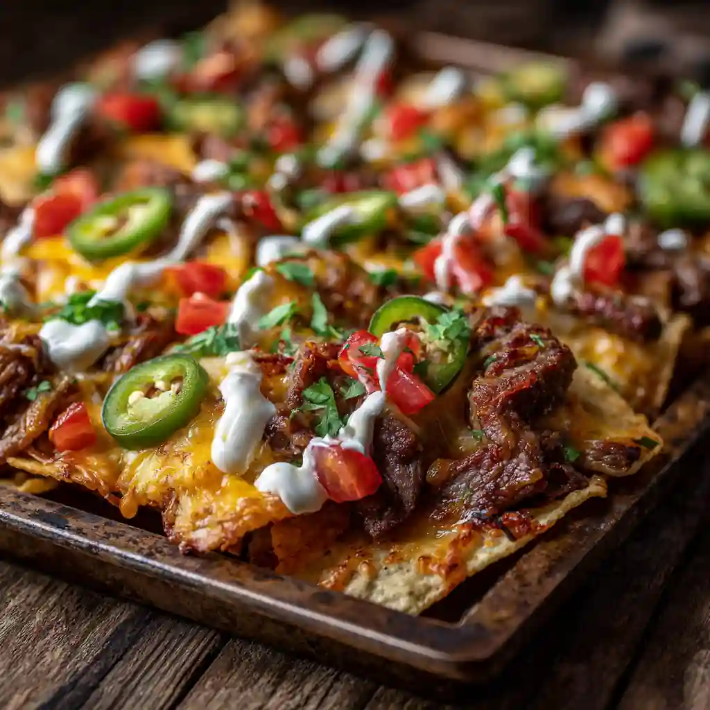 Cajun Steak Nachos with Pepper Jack cheese, jalapeños, and tomatoes