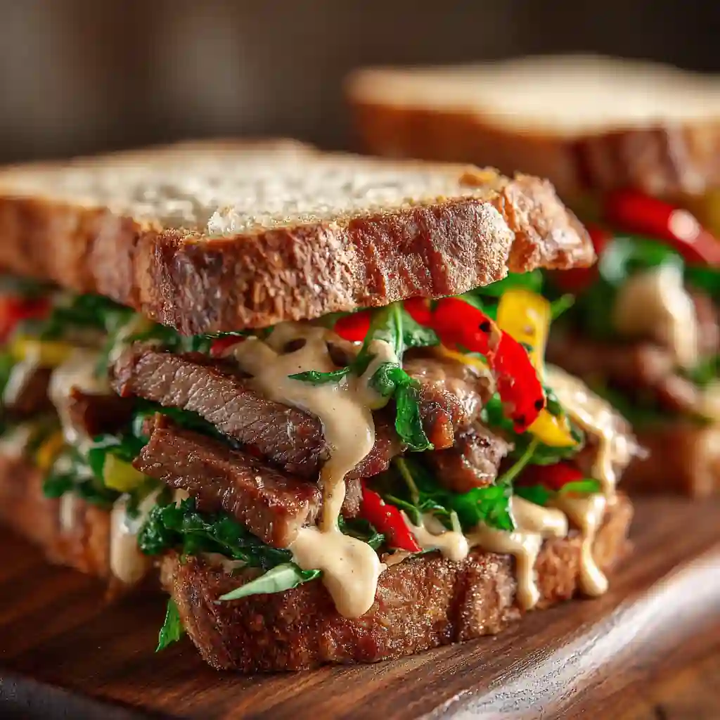 Cajun Steak Sandwich with Spicy Mayo: A Bold Bite in Every Layer 2 Cajun steak sandwich with spicy mayo and peppers on toasted bread