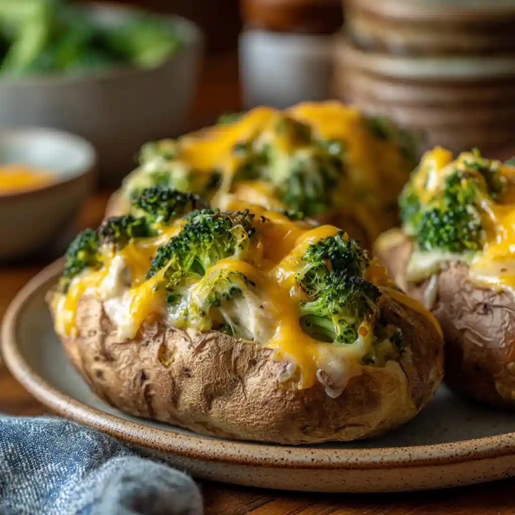 Cheesy Broccoli Chicken Baked Potatoes with melted cheddar