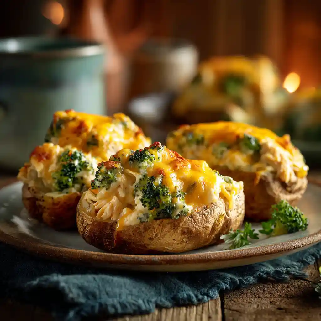 Cheesy Broccoli Chicken Baked Potatoes with melted cheddar