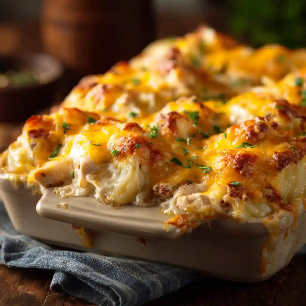Cheesy Chicken Potato Casserole with golden melted cheese