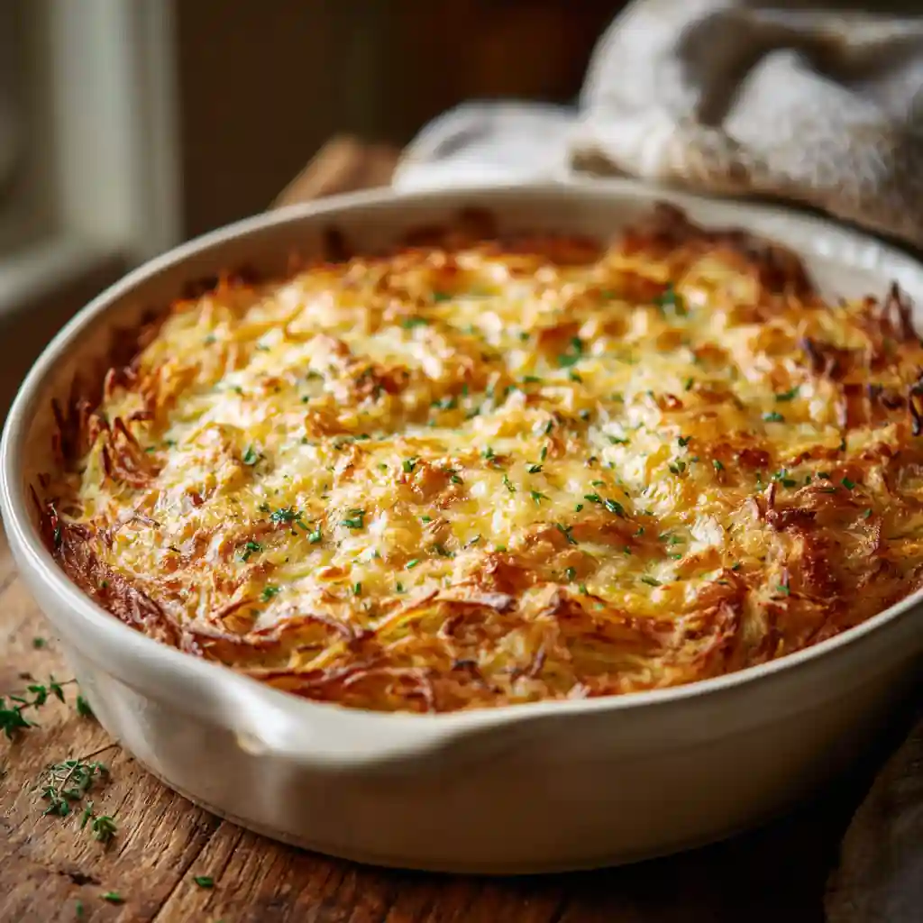 Cheesy Hashbrown Beef Casserole: The Ultimate Comfort Dish 2 Cheesy hashbrown beef casserole baked golden in a white dish