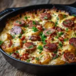 Cheesy Kielbasa Potato Skillet with melted cheese and sausage