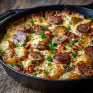 Cheesy Kielbasa Potato Skillet with melted cheese and sausage