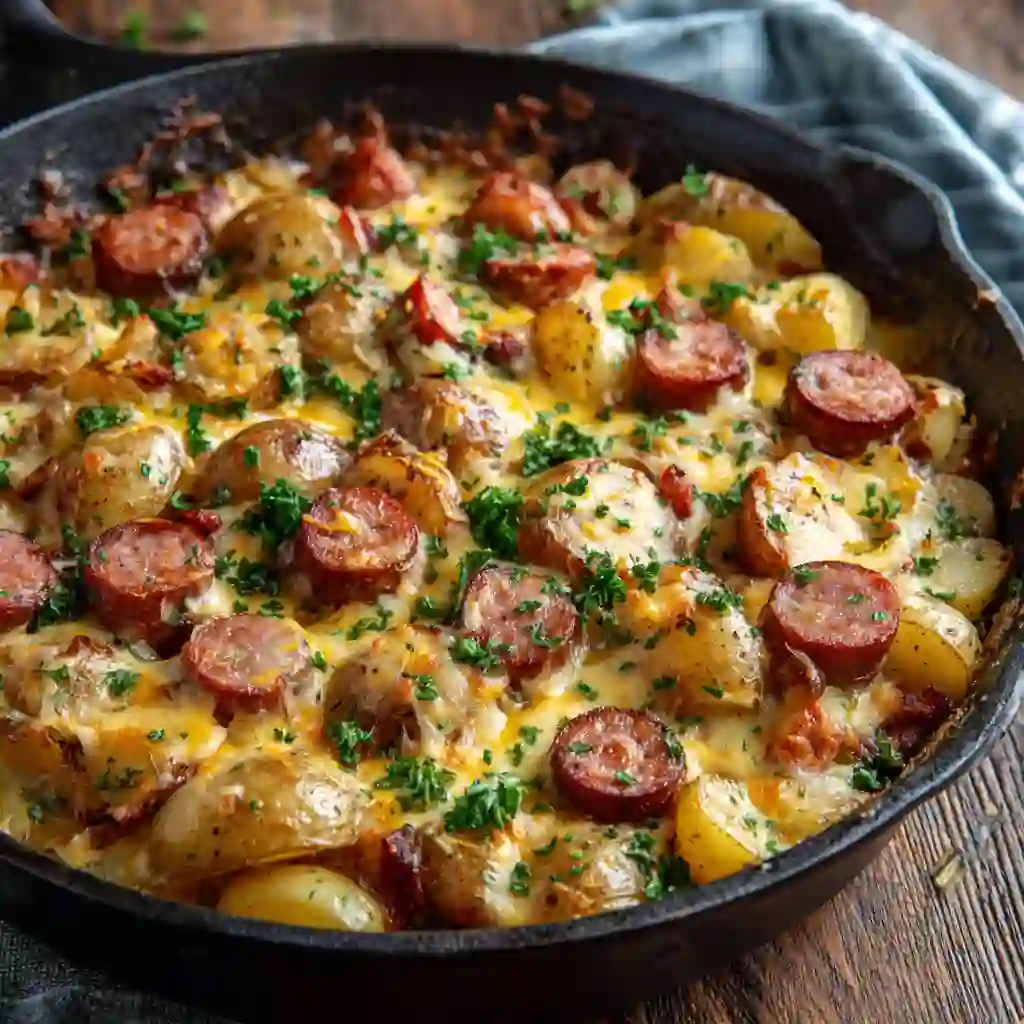 Cheesy Kielbasa Potato Skillet with melted cheese and sausage