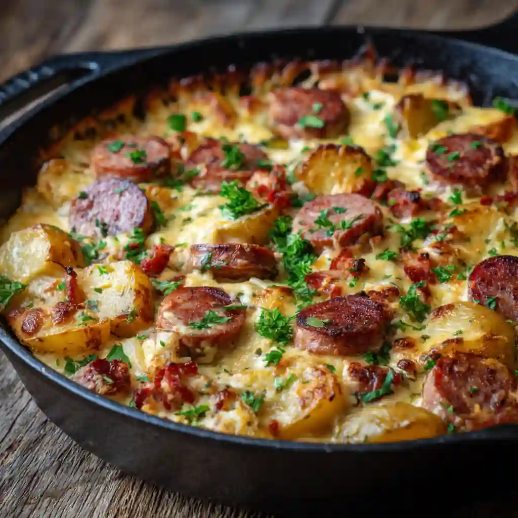 Cheesy Kielbasa Potato Skillet with melted cheese and sausage