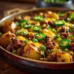 Cheesy Taco Potato Bake with golden cheese and taco beef