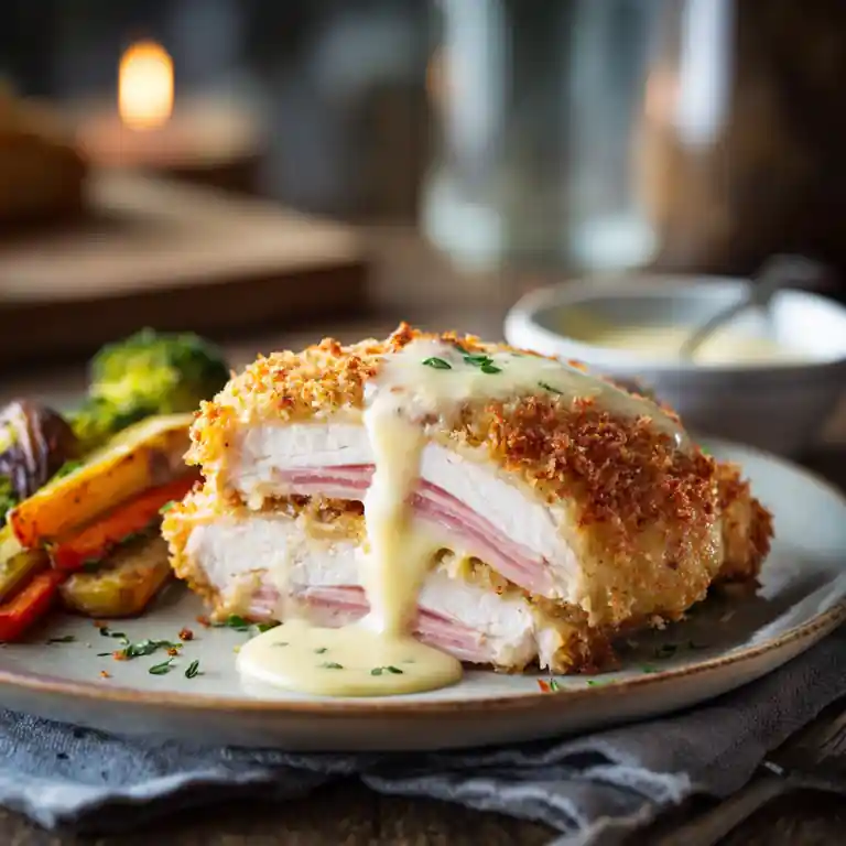 Sliced chicken cordon bleu with vegetables