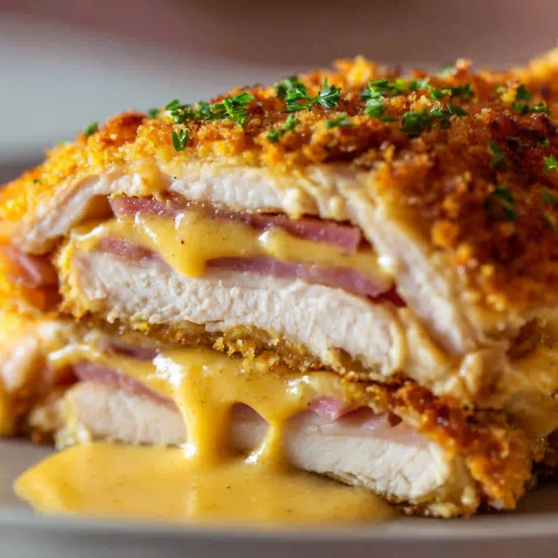 Close-up of sliced cordon bleu layers