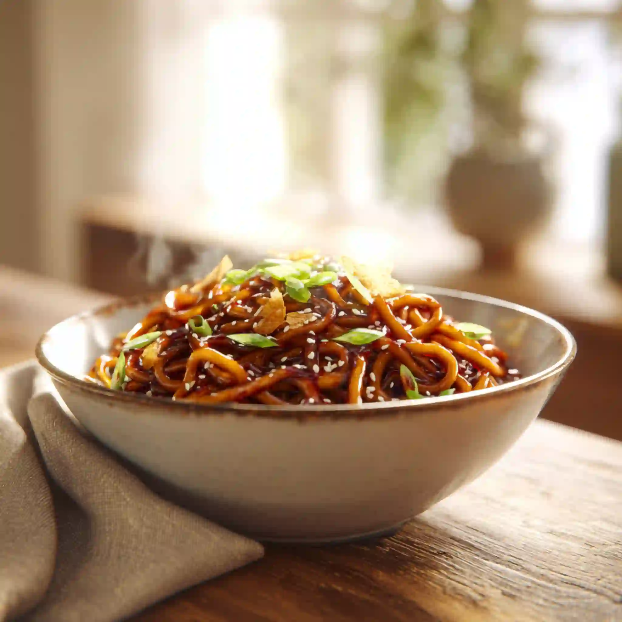 Bowl of chili garlic noodles with crispy garlic