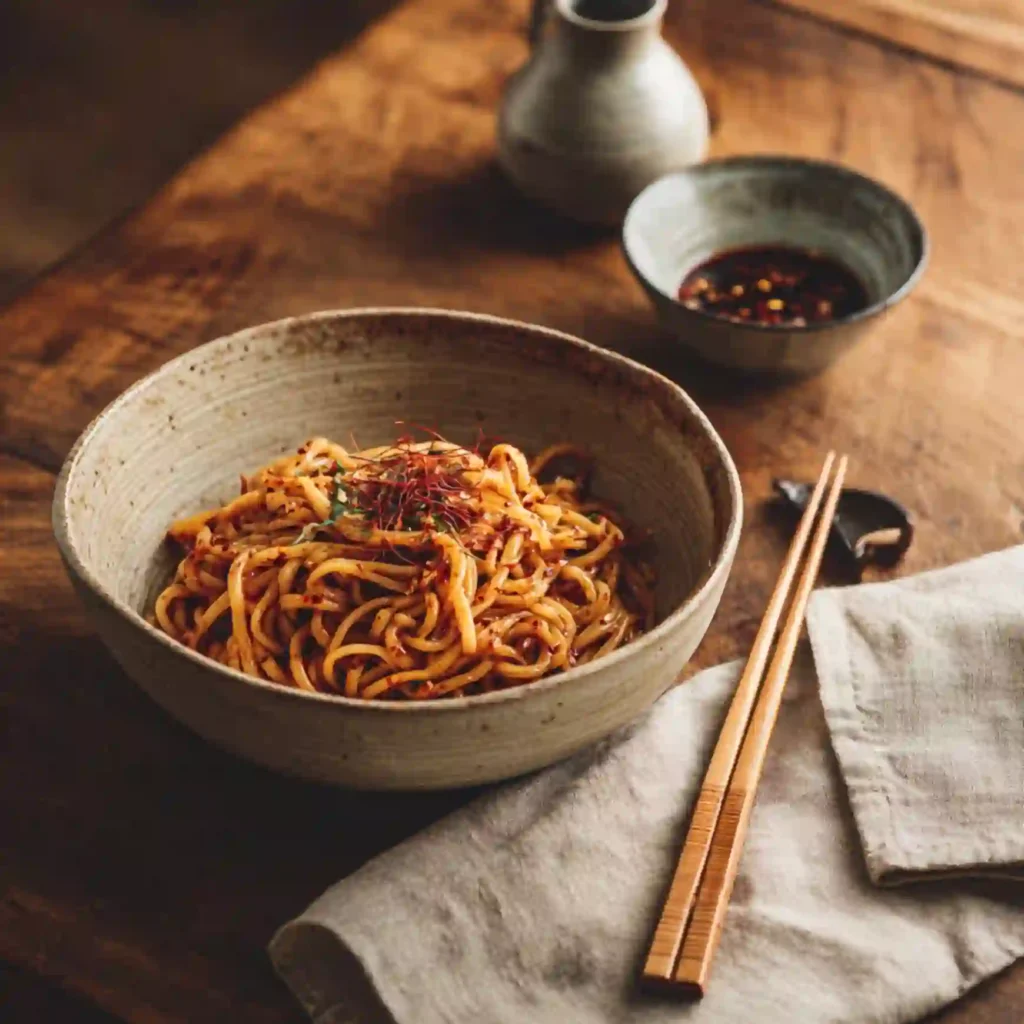 Bowl of chili garlic noodles on table