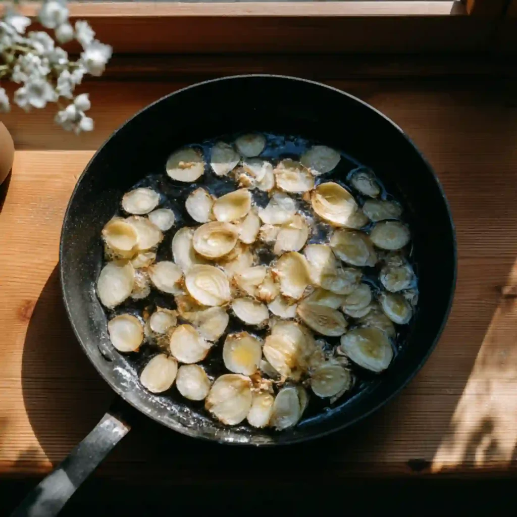 Frying sliced garlic in oil