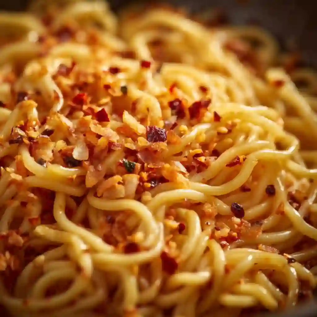 Close-up of chili garlic noodles texture