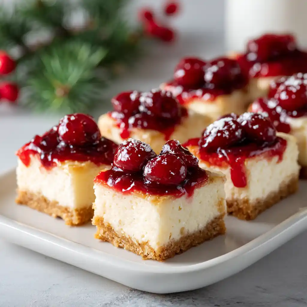 Christmas Cherry Cheesecake Bars with red cherry topping on white platter
