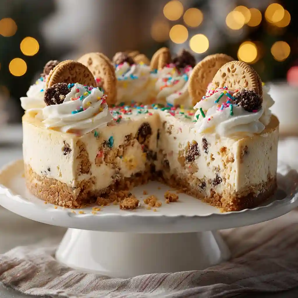 Christmas Cookie Cheesecake with whipped cream and holiday sprinkles