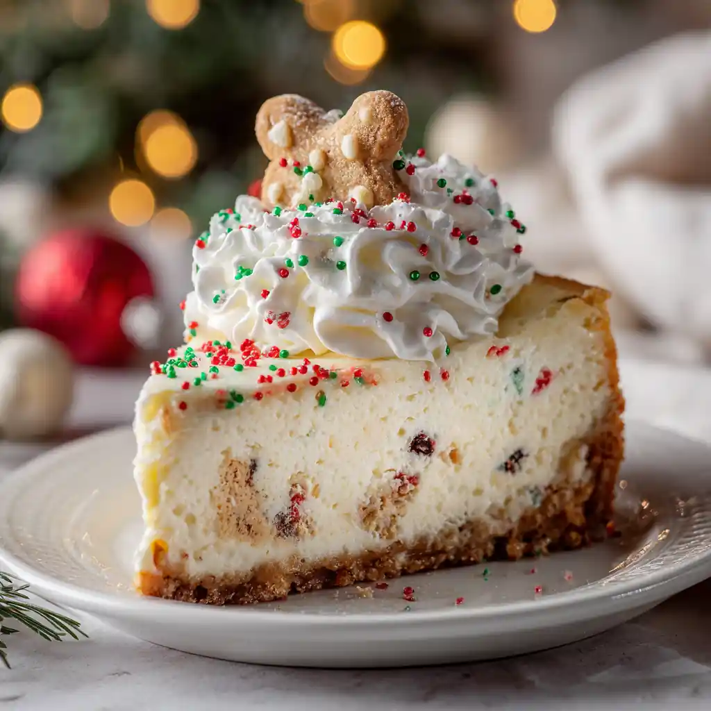 Close-up of a slice of Christmas Cookie Cheesecake topped with whipped cream, red and green sprinkles, and a holiday cookie on a white plate.