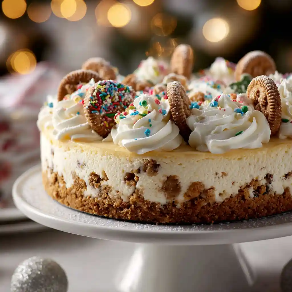 Christmas Cookie Cheesecake with whipped cream and holiday sprinkles