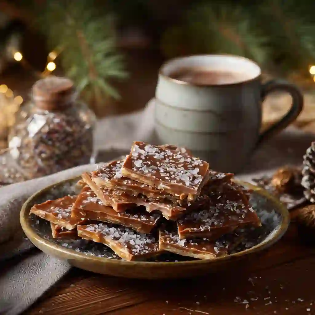 Plate of Christmas crack toffee candy with cocoa cup