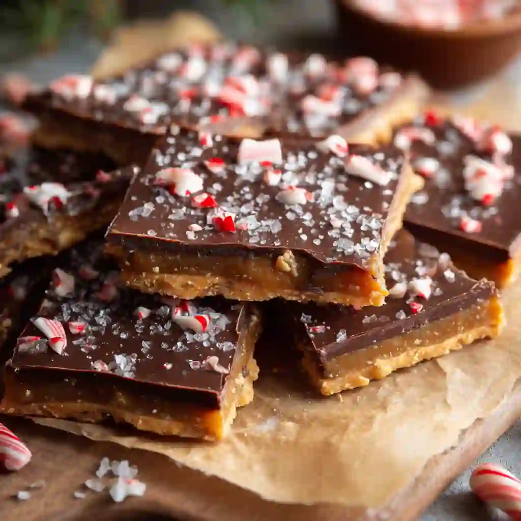 Close-up of Christmas crack layers with toffee and chocolate