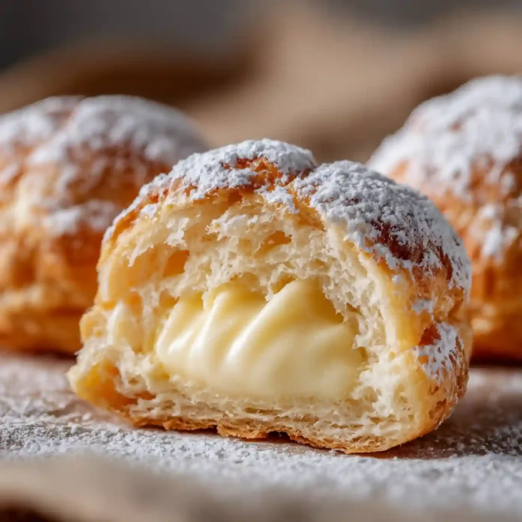 Tray of Italian cream bombs with powdered sugar