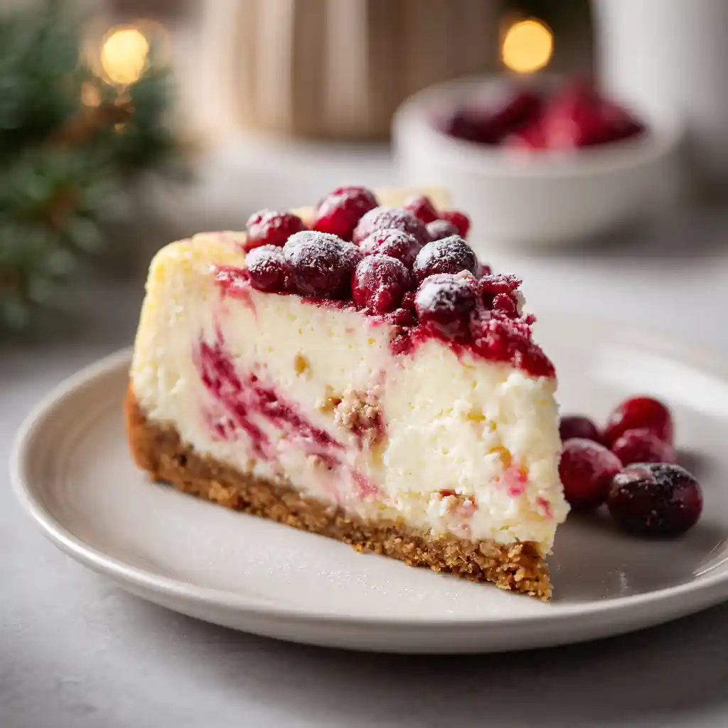 Cranberry Swirl Cheesecake slice with red swirl on white plate