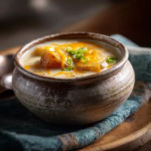 Creamy Cheddar Potato Chowder with melted cheddar cheese, tender potatoes, and green onion garnish in a rustic ceramic bowl