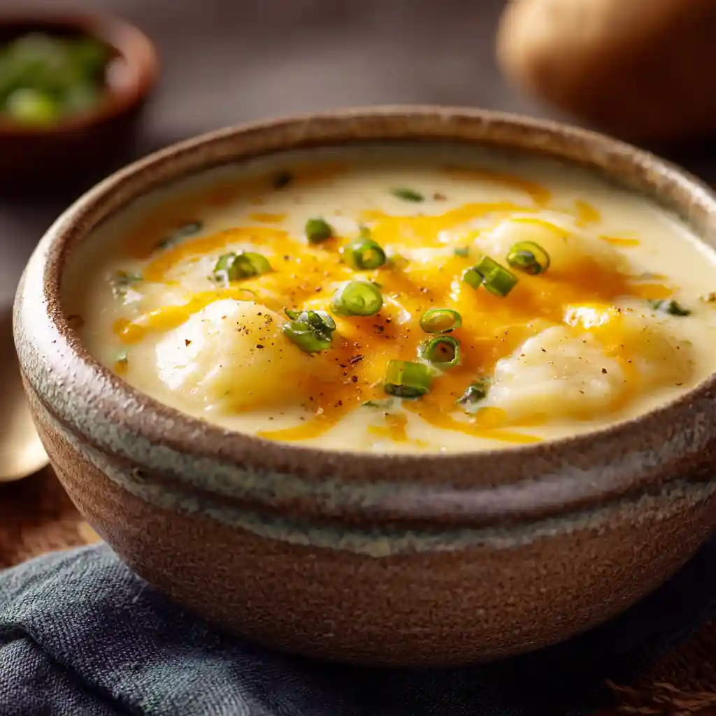 Creamy Cheddar Potato Chowder with melted cheddar cheese, tender potatoes, and green onion garnish in a rustic ceramic bowl