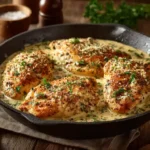 Creamy Parmesan chicken in skillet topped with garlic butter sauce and parsley.
