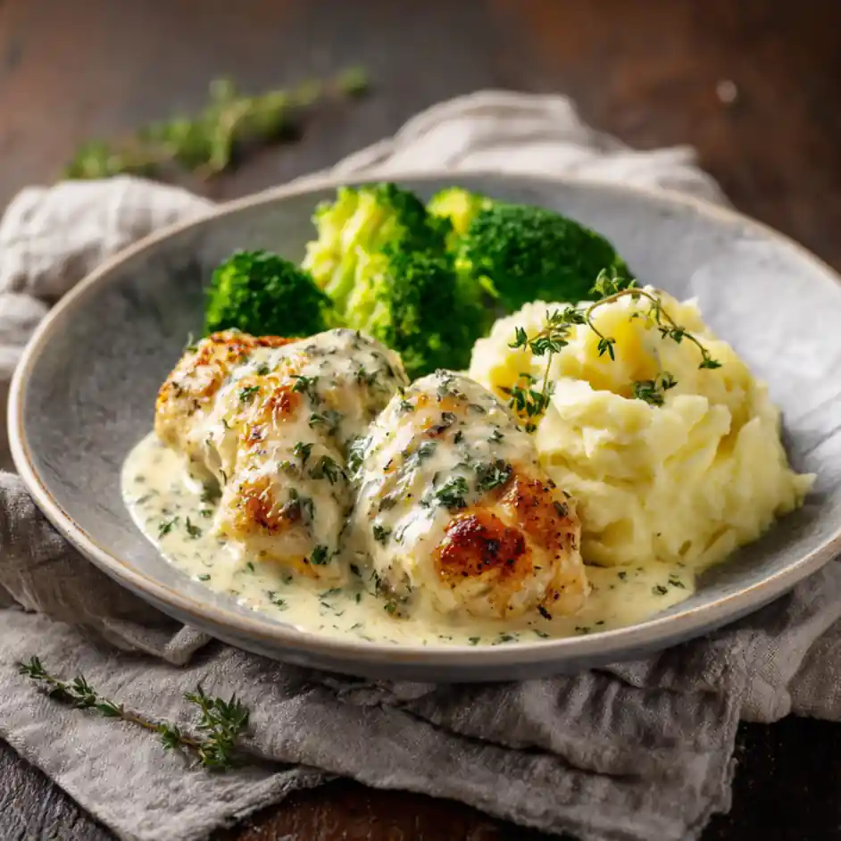 Creamy Parmesan chicken served with mashed potatoes and vegetables on a dinner plate.