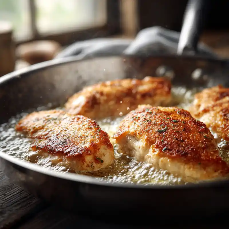 Chicken breasts searing in skillet with bubbling butter and golden crust forming.