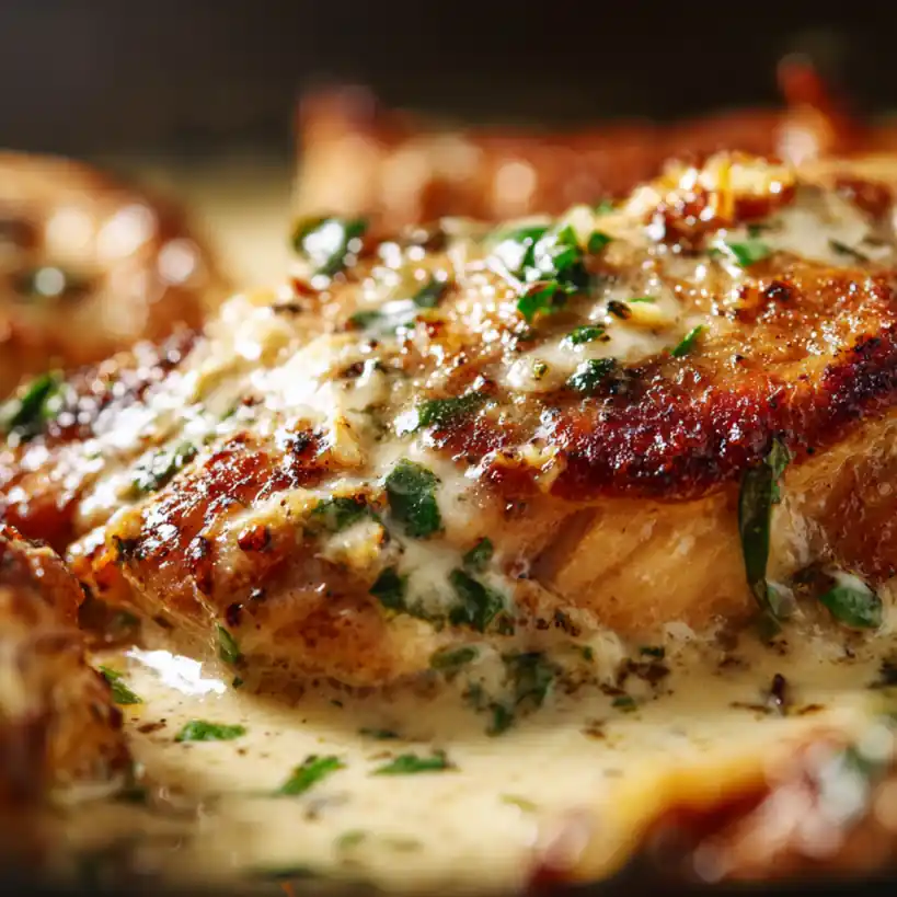 Close-up of creamy Parmesan chicken showing sauce texture and golden edges.