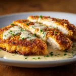 Creamy Parmesan Crusted Chicken with golden crust and creamy sauce
