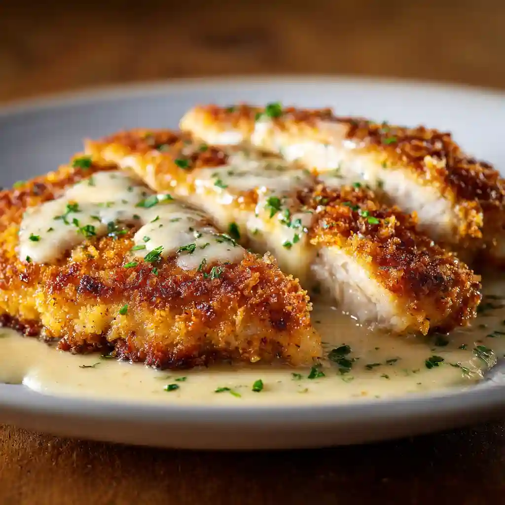 Creamy Parmesan Crusted Chicken with golden crust and creamy sauce