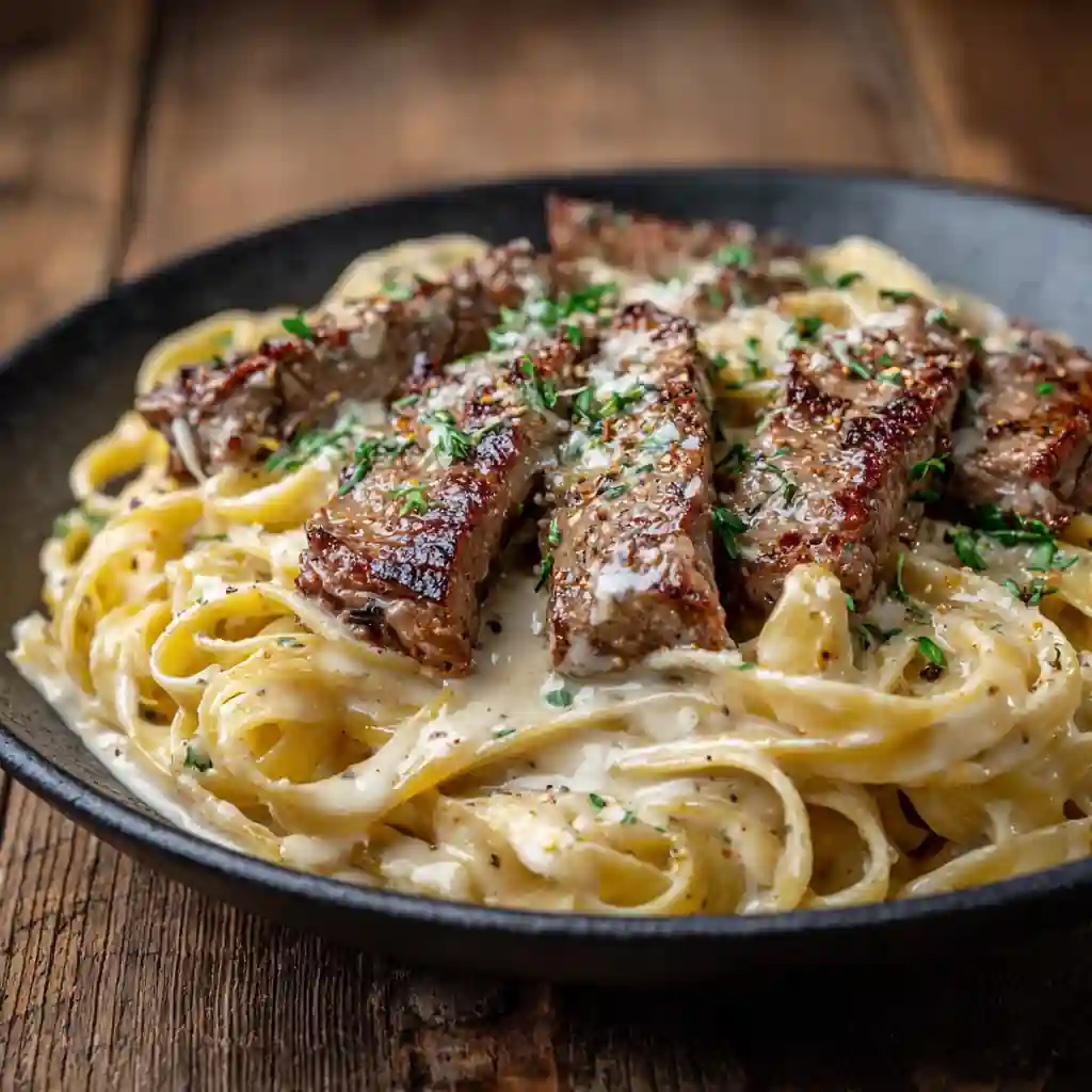 Creamy Parmesan Steak Pasta, juicy steak with creamy Parmesan sauce