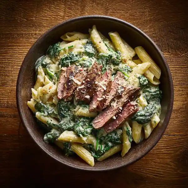 Creamy spinach steak penne pasta with sliced steak in a bowl