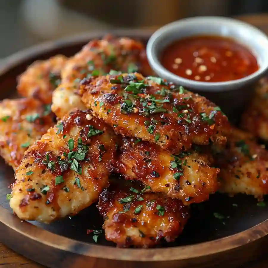 Crispy Baked Parmesan Chicken Tenders: Golden, Crunchy & Family-Approved 2 Crispy baked Parmesan chicken tenders with dipping sauce