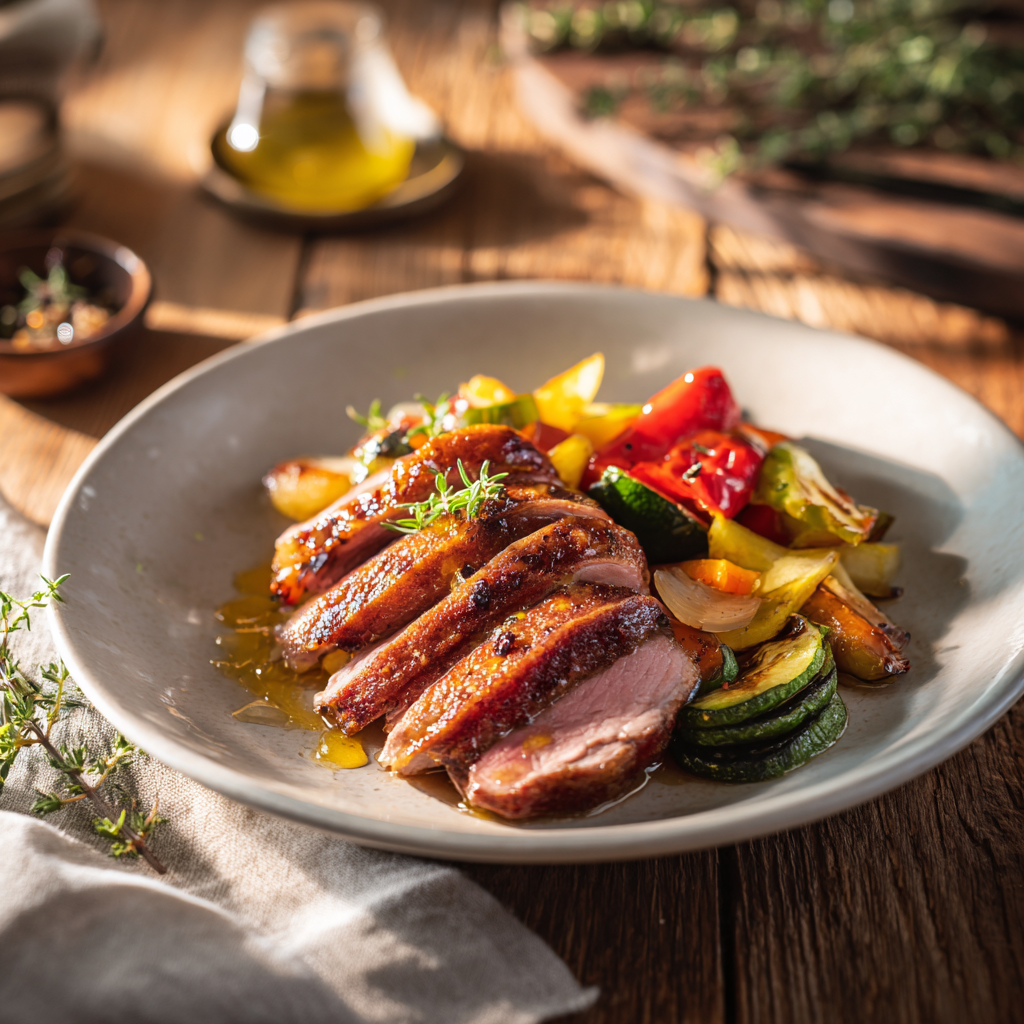 Plate of duck and vegetables