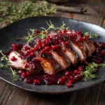 Sliced pan-seared duck breast with cherry pomegranate sauce on a rustic plate.