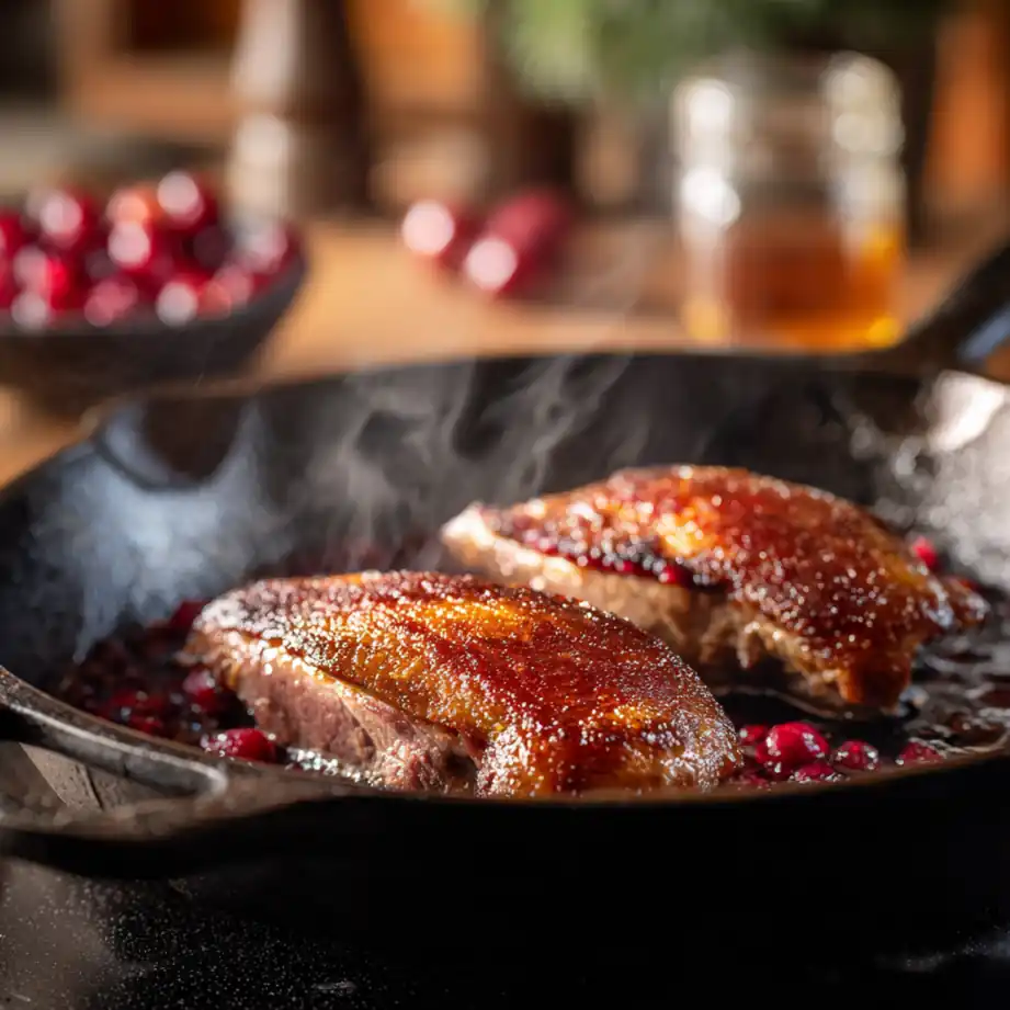 Duck breast searing in a skillet and cherry pomegranate sauce simmering on the stove.