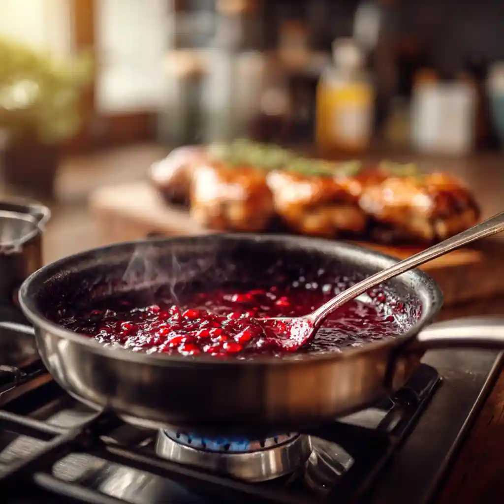 Cherry pomegranate sauce simmering in a saucepan with a silver spoon stirring under warm natural light, duck breasts resting blurred in the background on a wooden board.