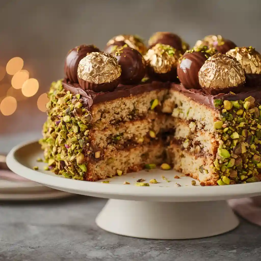 Ferrero Rocher Pistachio Cake with chocolate ganache and pistachio crumble