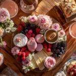 Brunch Grazing Board for Galentine’s Day with fruit, pastries, and cheese