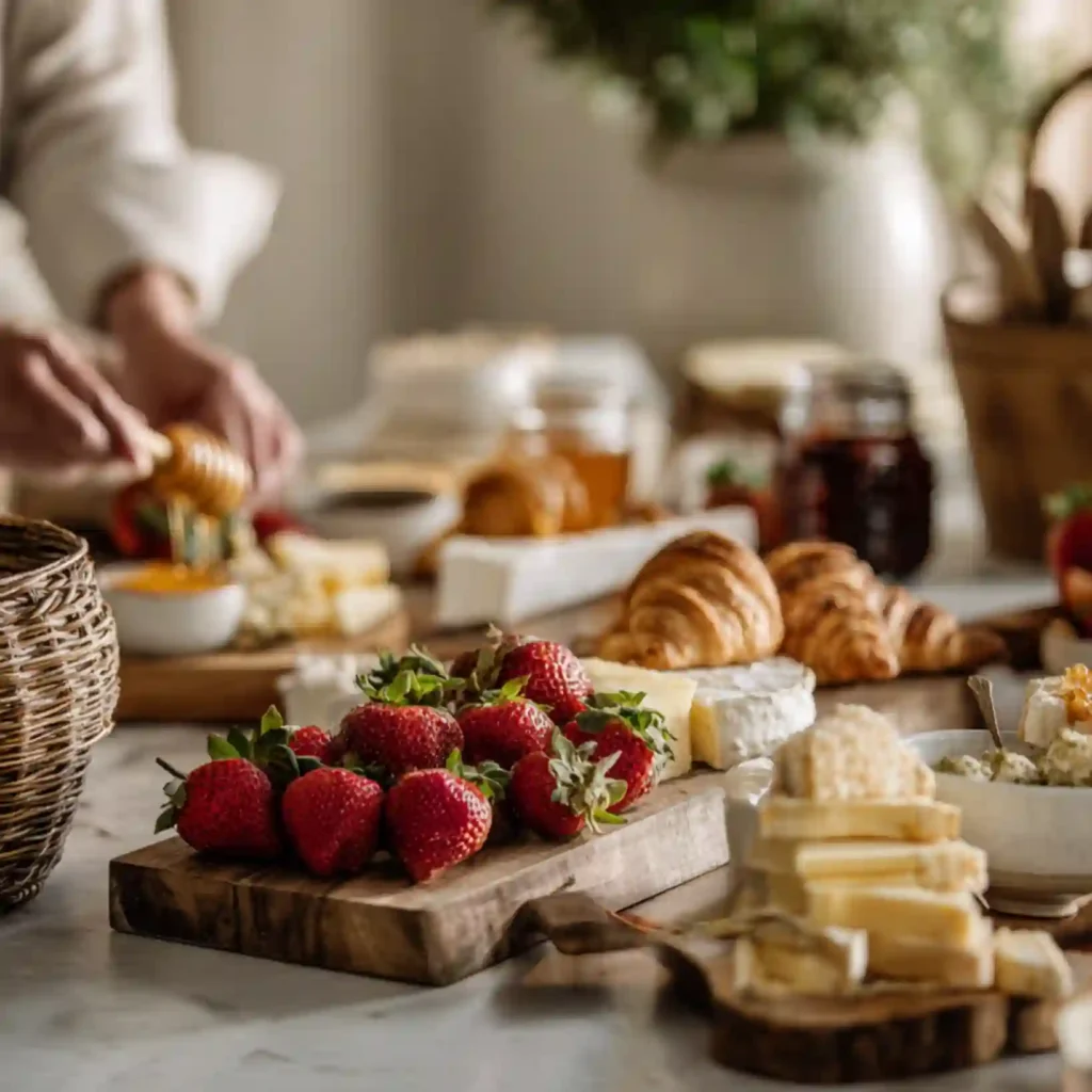 Assembling a Galentine’s Day brunch grazing board with pastries and fruit