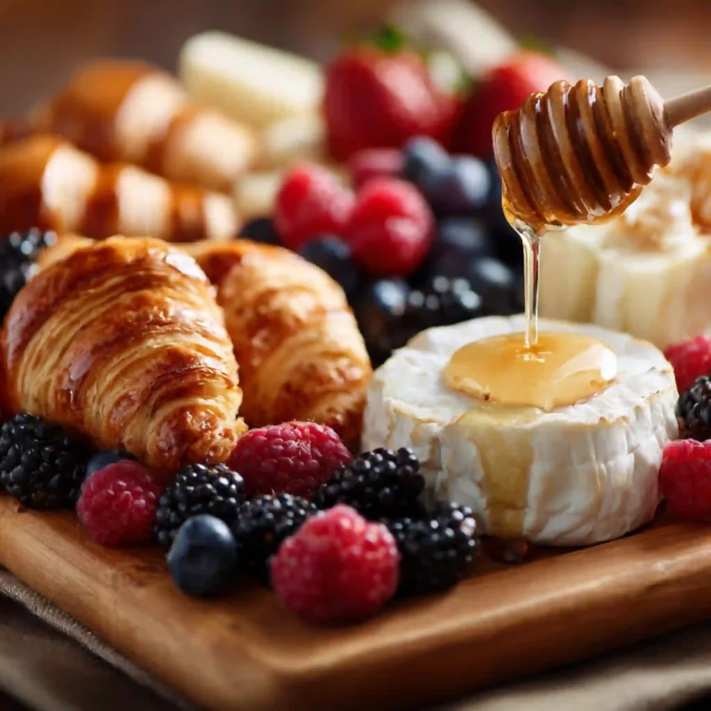 Close-up of fruits, cheeses, and pastries on Galentine’s Day brunch board