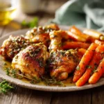 Garlic Herb Chicken with Honey-Roasted Carrots on rustic plate.