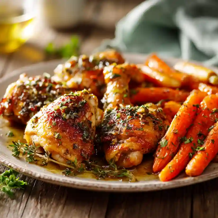 Garlic Herb Chicken with Honey-Roasted Carrots on rustic plate.