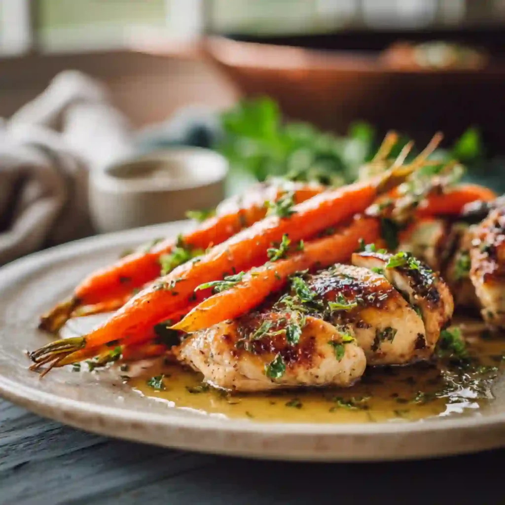 Plated Garlic Herb Chicken with honey-glazed roasted carrots and herbs